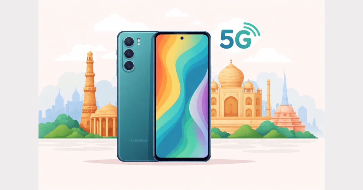 Illustration of Samsung Galaxy F70e 5G smartphone with Indian landmarks representing India launch