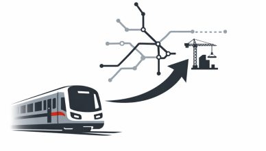 Minimal editorial illustration of Delhi Metro train with route map expansion and construction symbol on white background