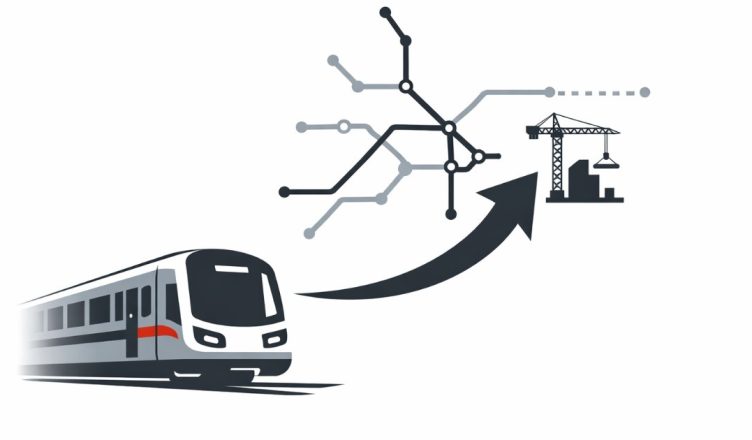 Minimal editorial illustration of Delhi Metro train with route map expansion and construction symbol on white background