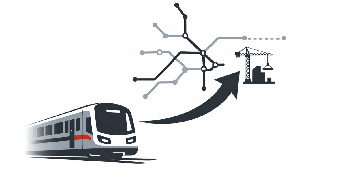 Minimal editorial illustration of Delhi Metro train with route map expansion and construction symbol on white background