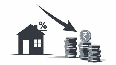 Minimal editorial illustration of a house with interest rate symbol and rupee coin stacks with downward arrow on white background
