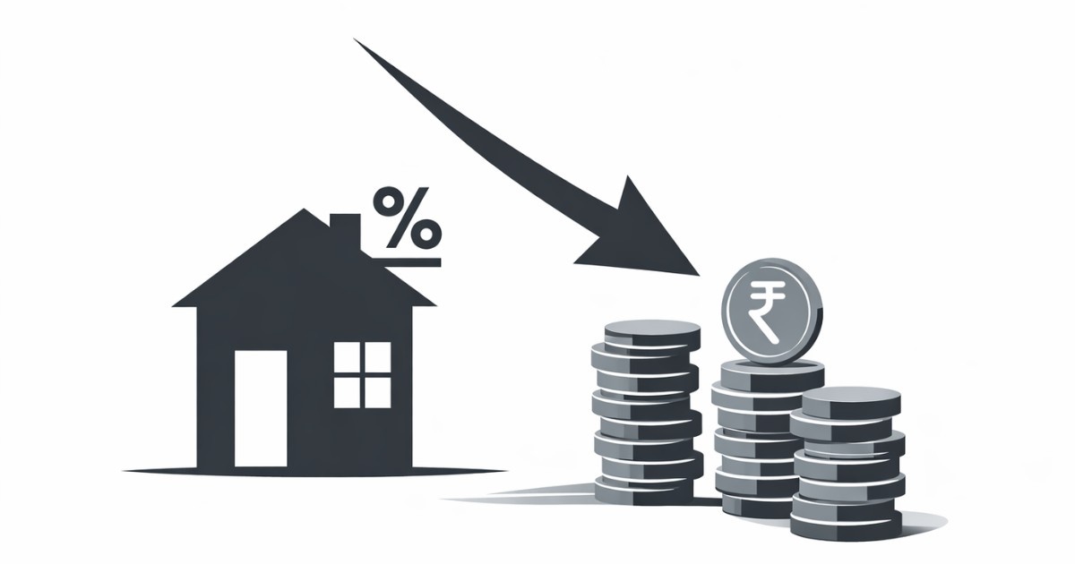 Minimal editorial illustration of a house with interest rate symbol and rupee coin stacks with downward arrow on white background