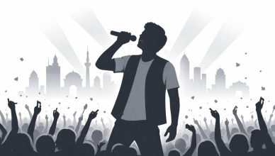 Arijit Singh Minimal editorial illustration of a singer performing on stage before a large crowd with city skyline silhouette on white background