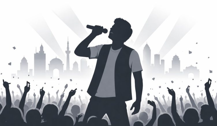Arijit Singh Minimal editorial illustration of a singer performing on stage before a large crowd with city skyline silhouette on white background