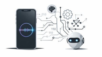 Apple Minimal editorial illustration of a smartphone with AI waveform and digital assistant concept on white background