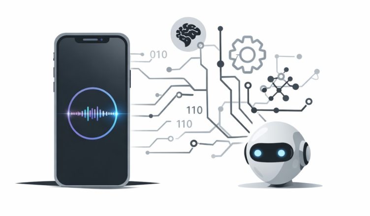 Apple Minimal editorial illustration of a smartphone with AI waveform and digital assistant concept on white background