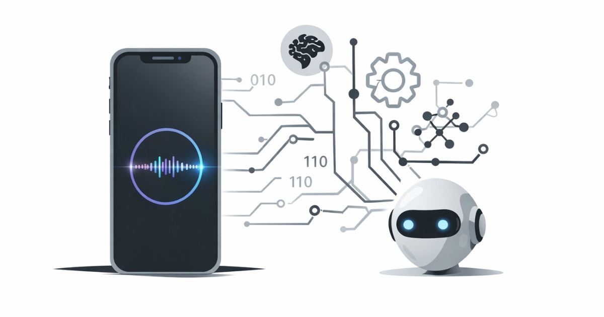 Apple Minimal editorial illustration of a smartphone with AI waveform and digital assistant concept on white background