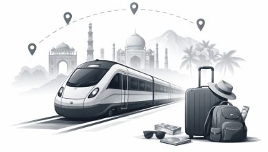 Indian Minimal editorial illustration of a modern tourist train with travel luggage and route map on white background