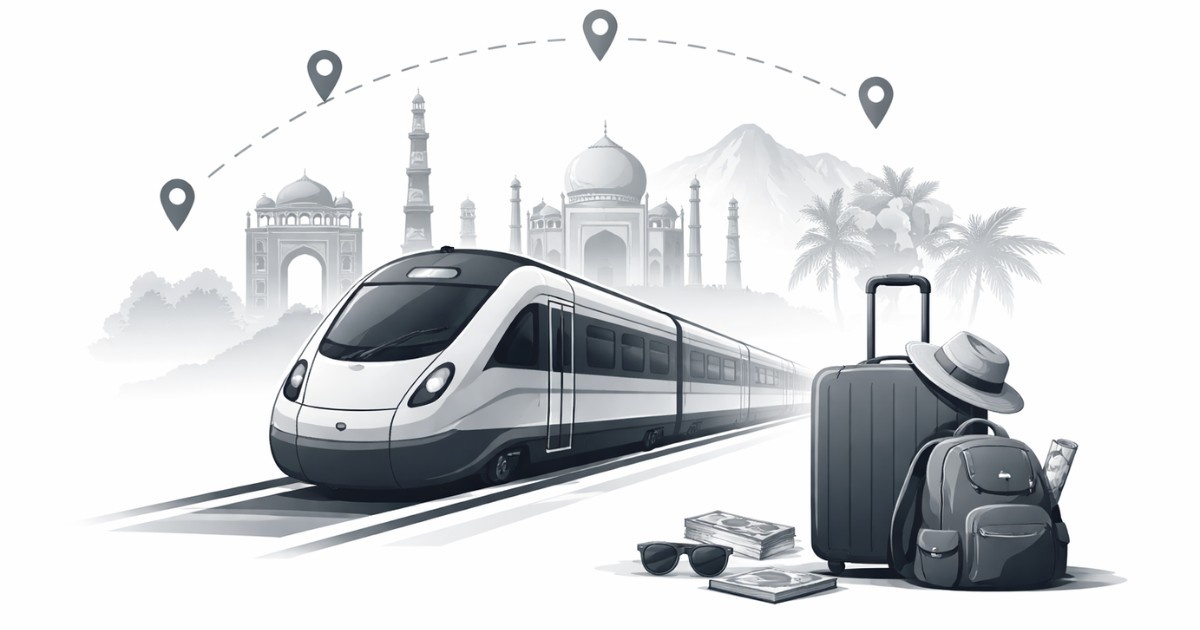 Indian Minimal editorial illustration of a modern tourist train with travel luggage and route map on white background