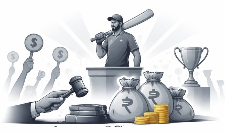 IPL Minimal editorial illustration of a cricket auction concept with player silhouette and bidding hammer on white background