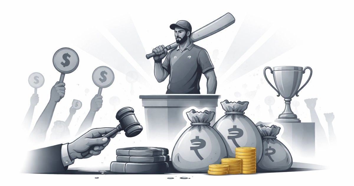 IPL Minimal editorial illustration of a cricket auction concept with player silhouette and bidding hammer on white background