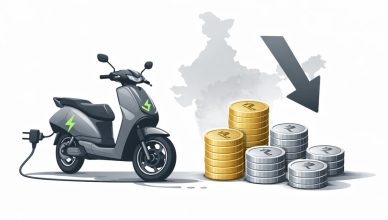Electric Scooter Minimal editorial illustration of an electric scooter with charging plug and rupee coins showing price drop in India