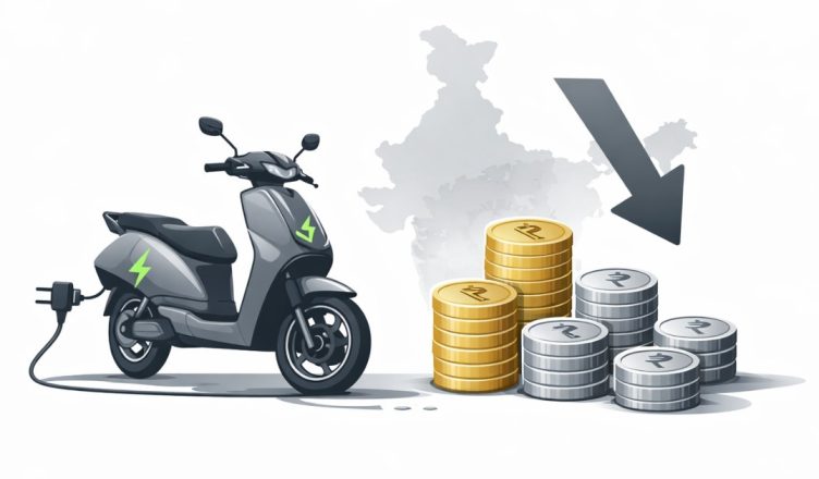 Electric Scooter Minimal editorial illustration of an electric scooter with charging plug and rupee coins showing price drop in India