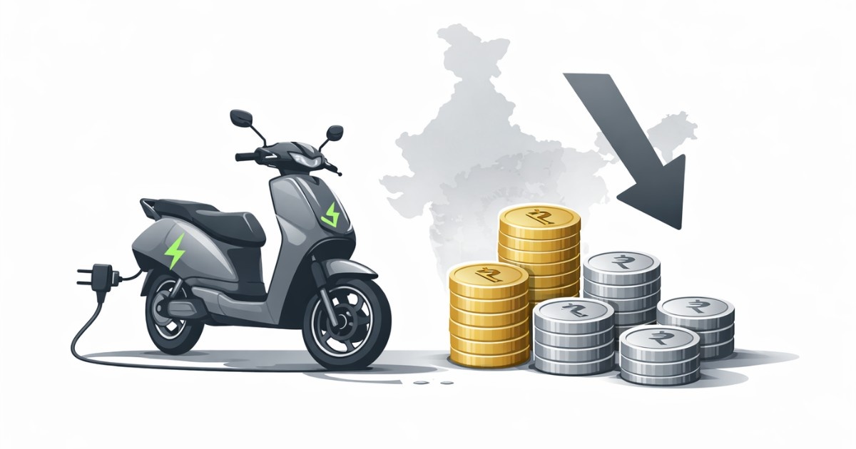Electric Scooter Minimal editorial illustration of an electric scooter with charging plug and rupee coins showing price drop in India
