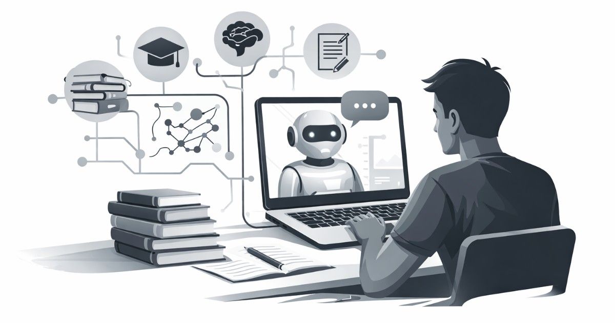 AI-Driven Minimal editorial illustration of a student using laptop with AI tutor and study icons on white background