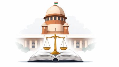Minimal editorial illustration of the Supreme Court of India building with scales of justice symbolizing key policy-impacting hearings