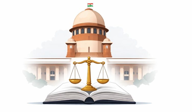 Minimal editorial illustration of the Supreme Court of India building with scales of justice symbolizing key policy-impacting hearings