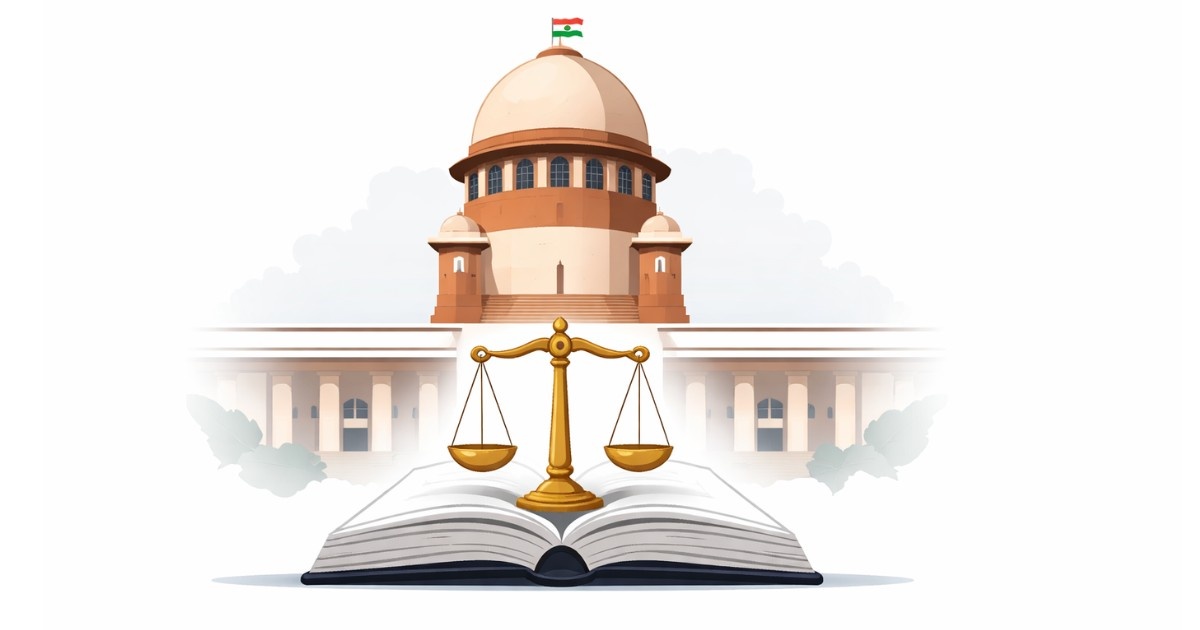 Minimal editorial illustration of the Supreme Court of India building with scales of justice symbolizing key policy-impacting hearings