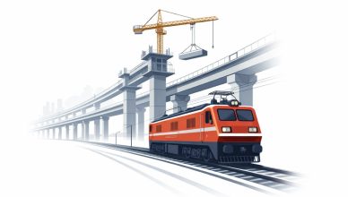 Minimal editorial illustration of a red Indian Railways with bridge construction symbolizing new infrastructure projects to boost connectivity