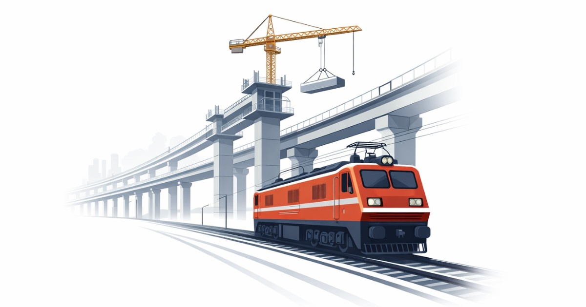 Minimal editorial illustration of a red Indian Railways with bridge construction symbolizing new infrastructure projects to boost connectivity