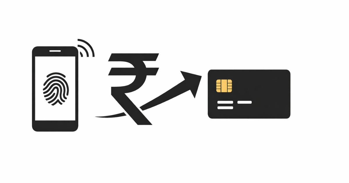 Minimal vector illustration showing smartphone, rupee symbol, and bank card representing UPI digital payment rule changes in India