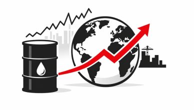 Minimal editorial illustration of rising global oil prices with an oil barrel, world globe, and upward red arrow symbolizing international market reaction