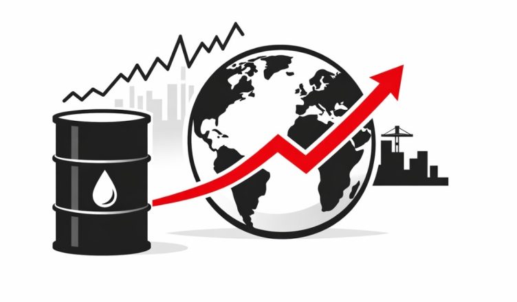 Minimal editorial illustration of rising global oil prices with an oil barrel, world globe, and upward red arrow symbolizing international market reaction