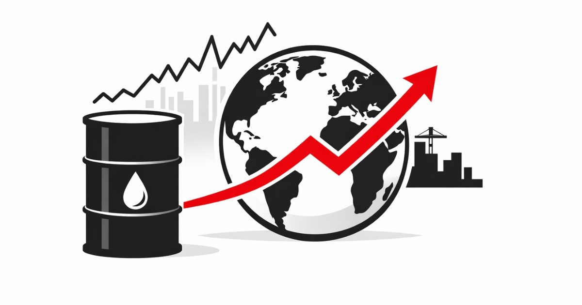 Minimal editorial illustration of rising global oil prices with an oil barrel, world globe, and upward red arrow symbolizing international market reaction