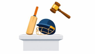 Minimal editorial illustration of a cricket bat and helmet placed on an auction podium with a raised gavel, symbolizing IPL 2026 auction retention and release decisions.