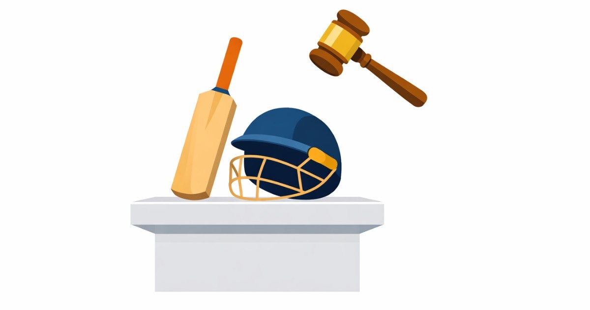 Minimal editorial illustration of a cricket bat and helmet placed on an auction podium with a raised gavel, symbolizing IPL 2026 auction retention and release decisions.