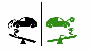 Minimal editorial illustration comparing a petrol car and an electric car with balance scales and rupee symbols on a white background, representing cost comparison in India.