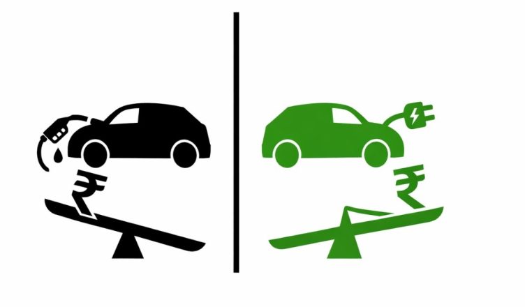 Minimal editorial illustration comparing a petrol car and an electric car with balance scales and rupee symbols on a white background, representing cost comparison in India.