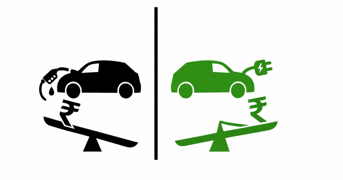 Minimal editorial illustration comparing a petrol car and an electric car with balance scales and rupee symbols on a white background, representing cost comparison in India.