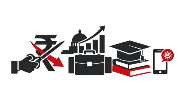 Minimal editorial illustration showing rupee tax cut symbol, rising growth chart, education cap on books, and smartphone alert representing Union Budget 2026 middle-class relief hopes