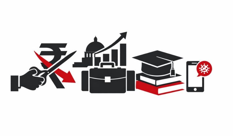 Minimal editorial illustration showing rupee tax cut symbol, rising growth chart, education cap on books, and smartphone alert representing Union Budget 2026 middle-class relief hopes