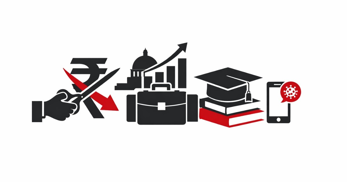 Minimal editorial illustration showing rupee tax cut symbol, rising growth chart, education cap on books, and smartphone alert representing Union Budget 2026 middle-class relief hopes