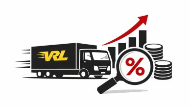 Minimal editorial illustration of a delivery truck with rising stock chart, percentage symbol under magnifying glass, and upward arrow representing VRL Logistics shares surge