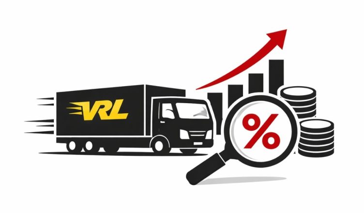 Minimal editorial illustration of a delivery truck with rising stock chart, percentage symbol under magnifying glass, and upward arrow representing VRL Logistics shares surge