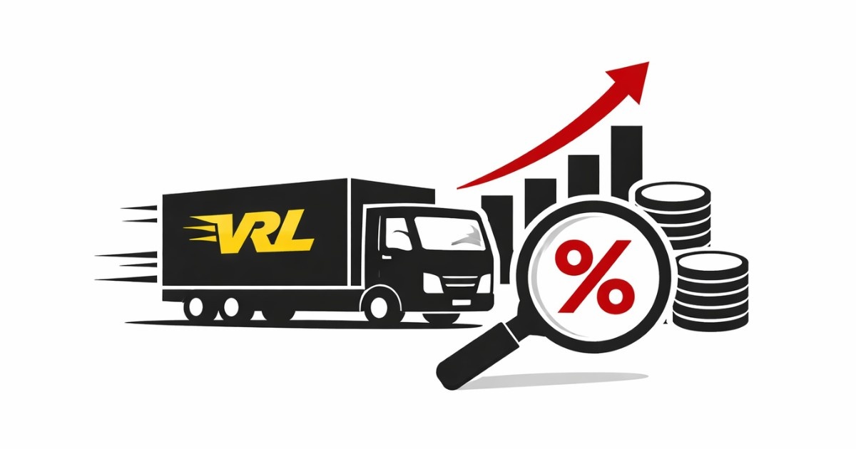 Minimal editorial illustration of a delivery truck with rising stock chart, percentage symbol under magnifying glass, and upward arrow representing VRL Logistics shares surge