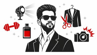 Minimal editorial-style portrait illustration of Rajkummar Rao in a sharp suit and sunglasses symbolizing his striking new look transformation