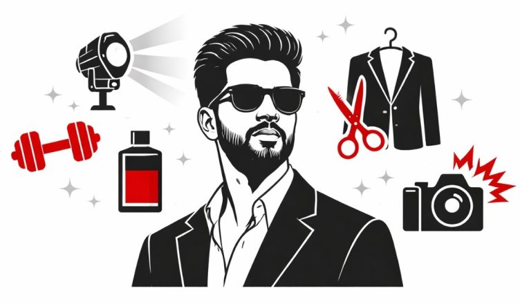 Minimal editorial-style portrait illustration of Rajkummar Rao in a sharp suit and sunglasses symbolizing his striking new look transformation