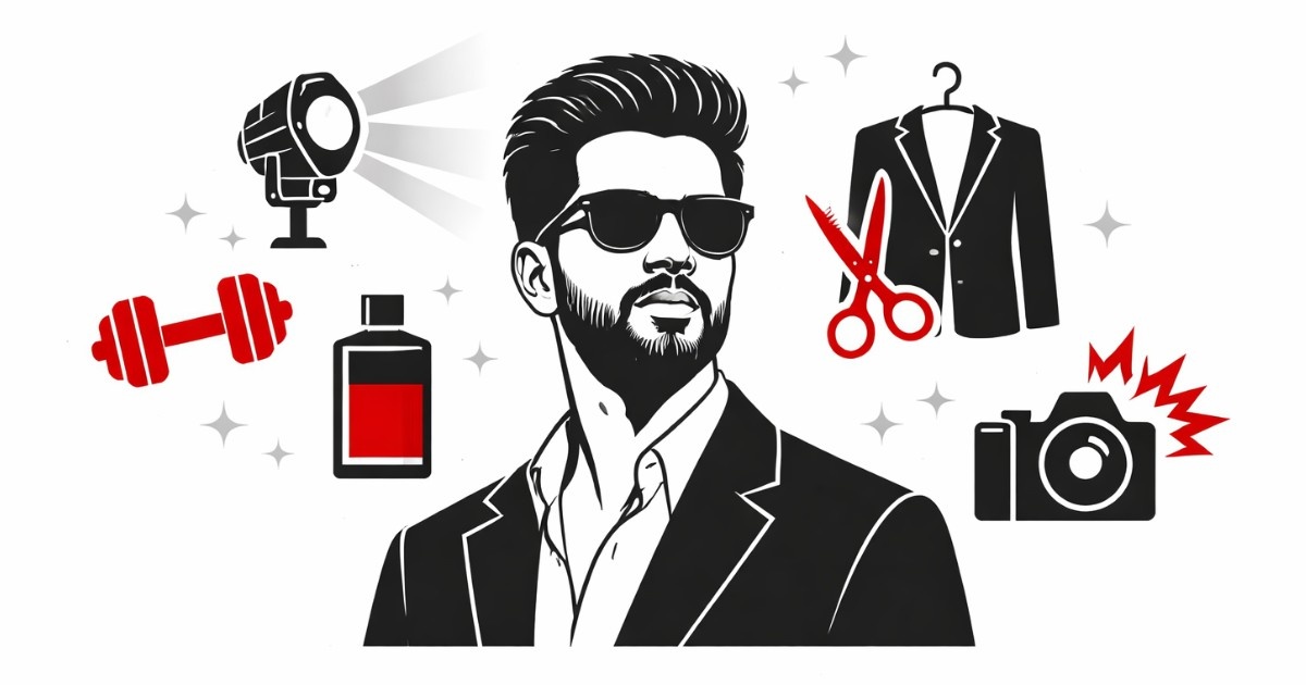 Minimal editorial-style portrait illustration of Rajkummar Rao in a sharp suit and sunglasses symbolizing his striking new look transformation