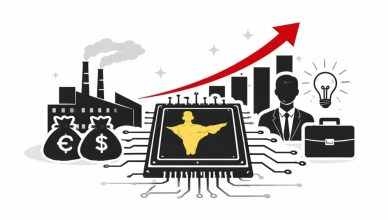Minimal editorial illustration showing semiconductor chip with upward growth arrow and factory elements symbolizing India’s semiconductor race and tech job growth