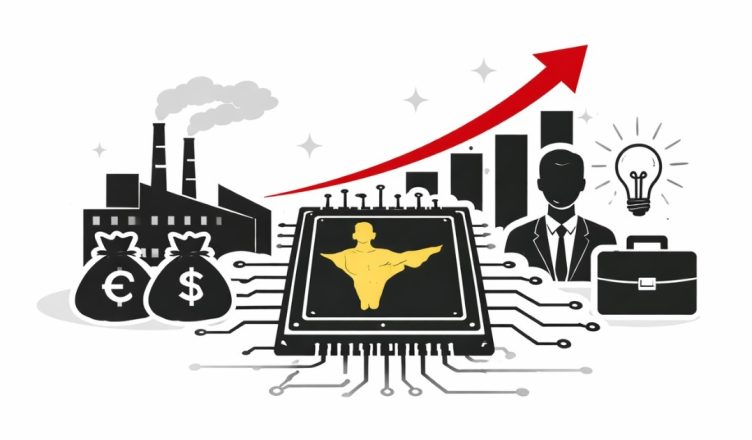 Minimal editorial illustration showing semiconductor chip with upward growth arrow and factory elements symbolizing India’s semiconductor race and tech job growth