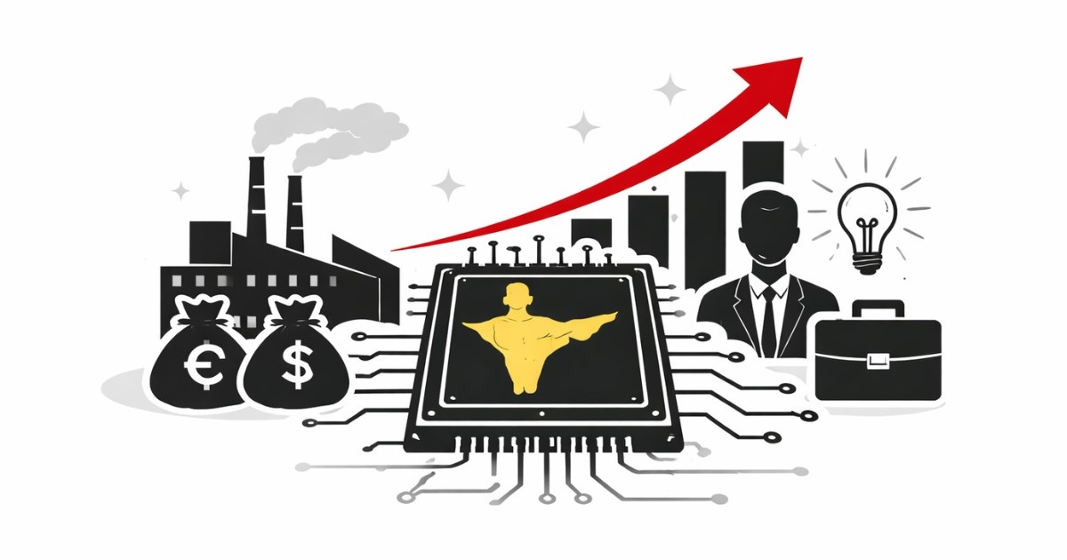 Minimal editorial illustration showing semiconductor chip with upward growth arrow and factory elements symbolizing India’s semiconductor race and tech job growth