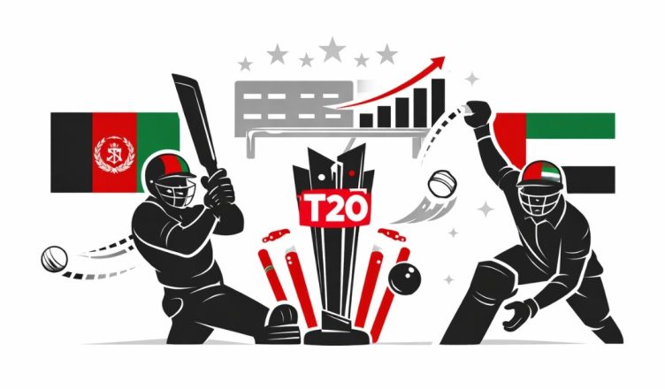 Minimal editorial illustration symbolizing a T20 cricket match between Afghanistan and UAE with dynamic action and upward momentum representing a boost in World Cup standings