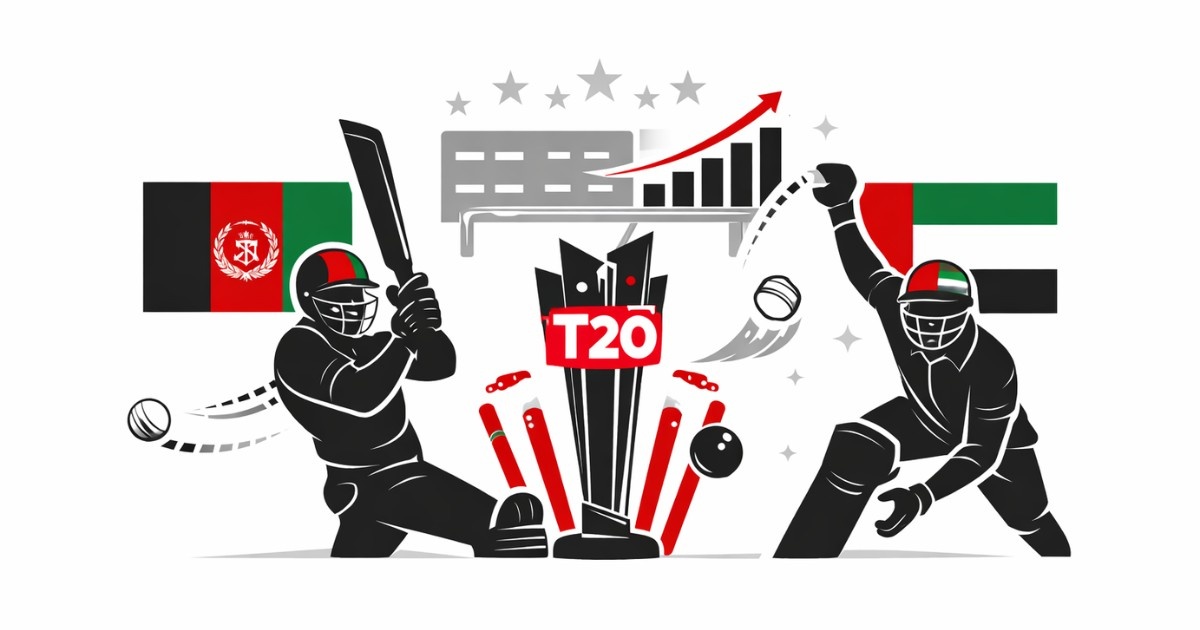 Minimal editorial illustration symbolizing a T20 cricket match between Afghanistan and UAE with dynamic action and upward momentum representing a boost in World Cup standings