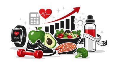 Minimal editorial illustration symbolizing 2026 health and wellness trends with a balanced diet element and smart fitness concept on a white background.