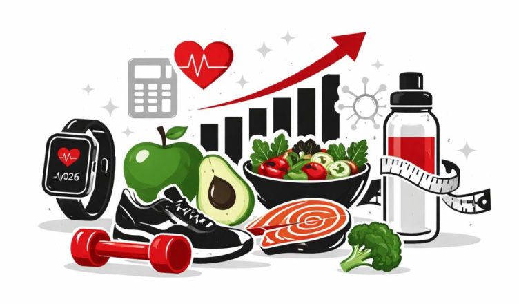 Minimal editorial illustration symbolizing 2026 health and wellness trends with a balanced diet element and smart fitness concept on a white background.