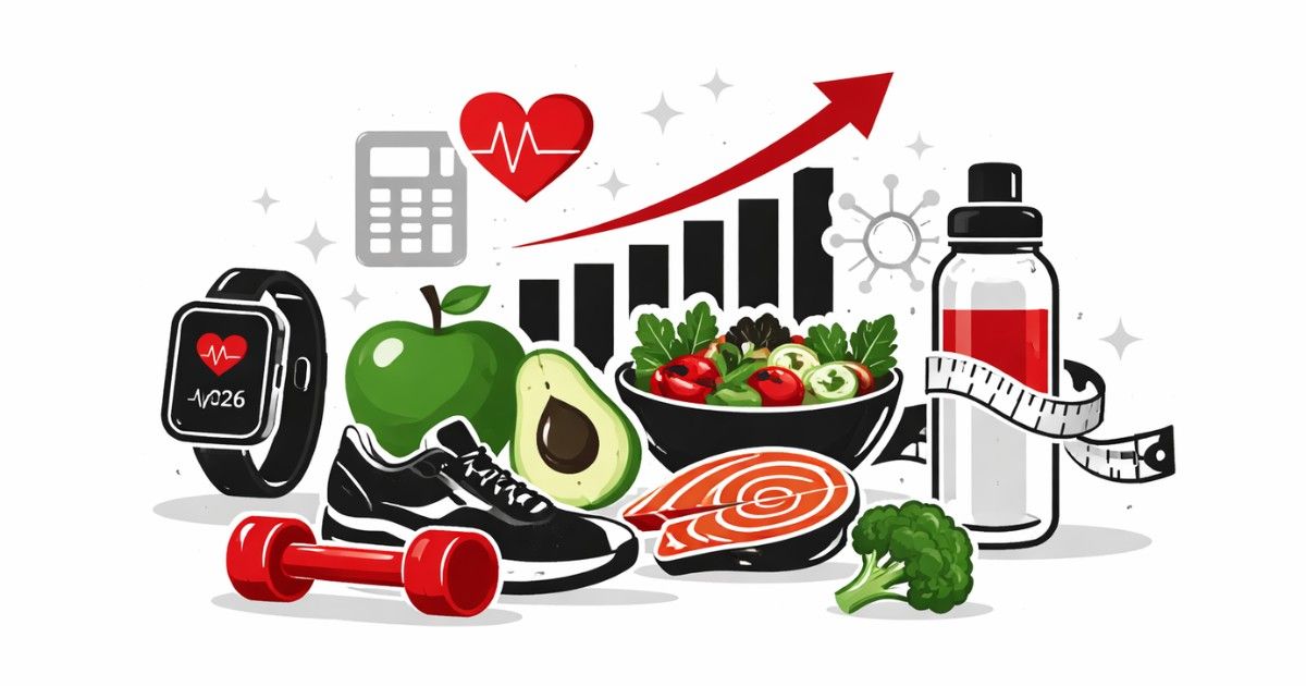 Minimal editorial illustration symbolizing 2026 health and wellness trends with a balanced diet element and smart fitness concept on a white background.
